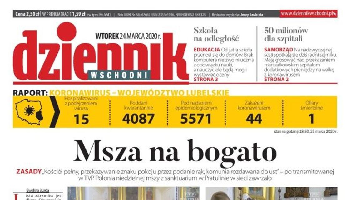 Pierwsza strona Dziennika Wschodniego z 24 marca 2020 r.