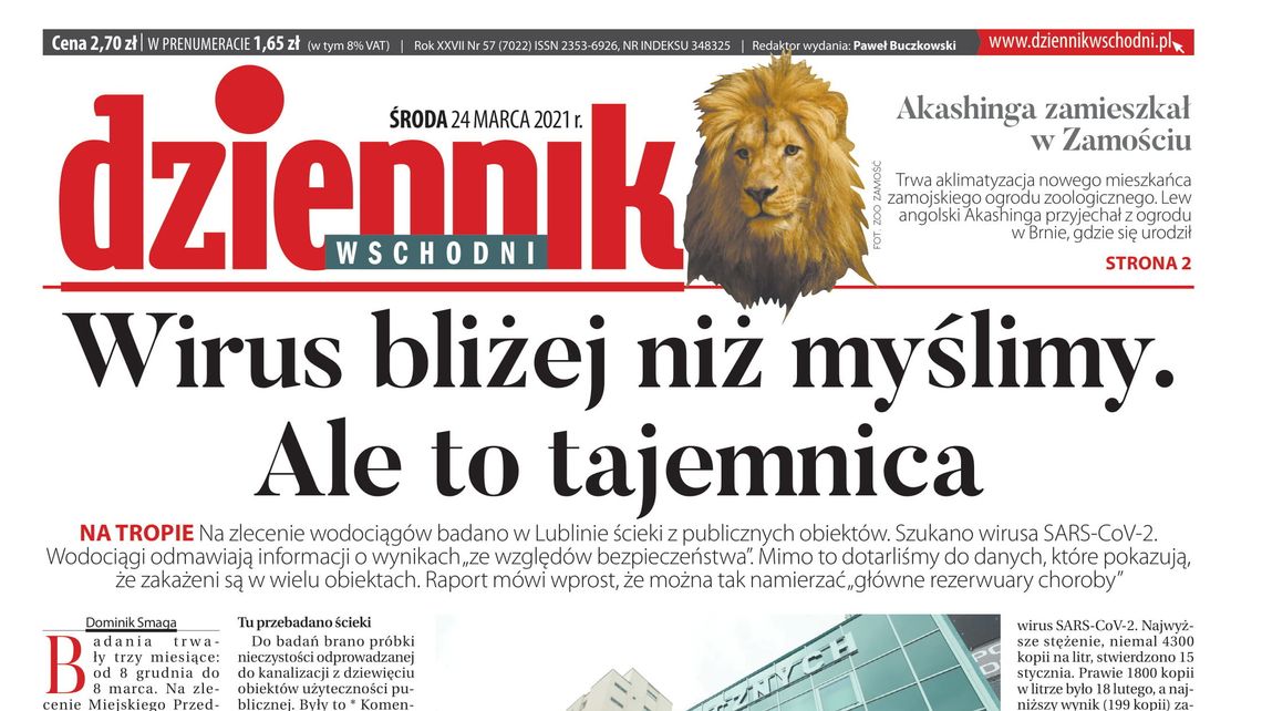 Pierwsza strona Dziennika Wschodniego z 24 marca 2021 roku