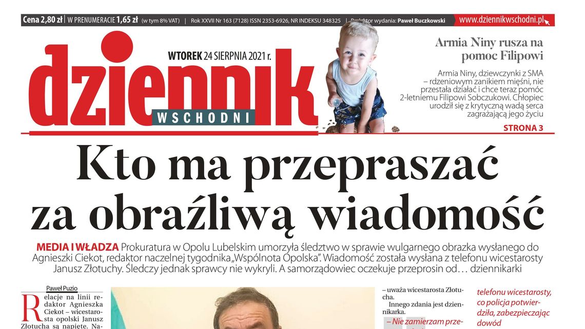 Pierwsza strona Dziennika Wschodniego z 24 sierpnia 2021 r.