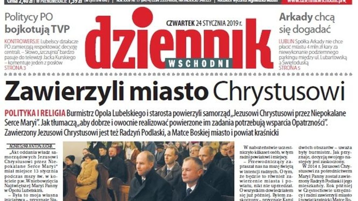 Pierwsza strona Dziennika Wschodniego z 24 stycznia 2019 roku