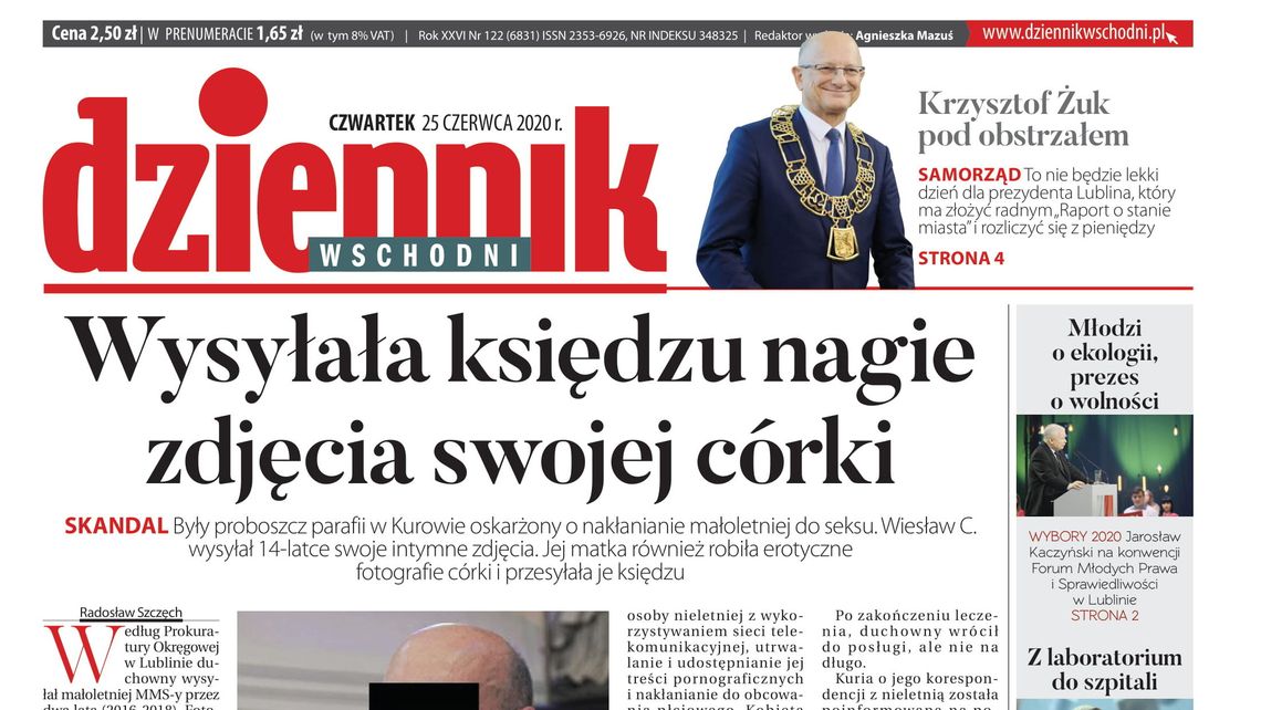 Pierwsza strona Dziennika Wschodniego z 25 czerwca 2020 r.