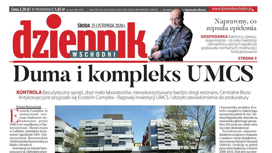 Pierwsza strona Dziennika Wschodniego z 25 listopada 2020 r.