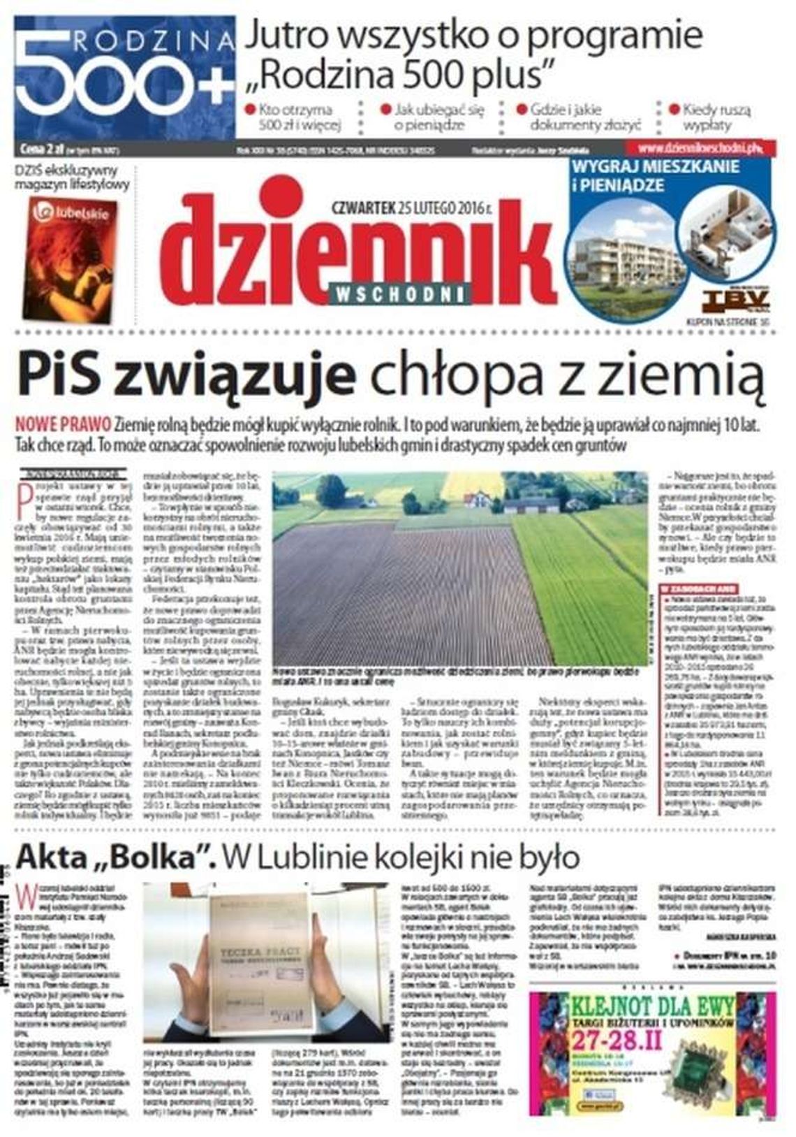 Pierwsza strona Dziennika Wschodniego z 25 lutego 2016 roku