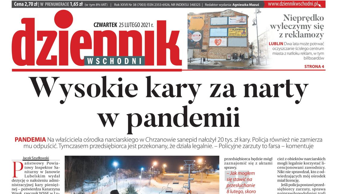 Pierwsza strona Dziennika Wschodniego z 25 lutego 2021 roku