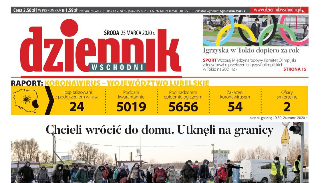 Pierwsza strona Dziennika Wschodniego z 25 marca 2020 r.