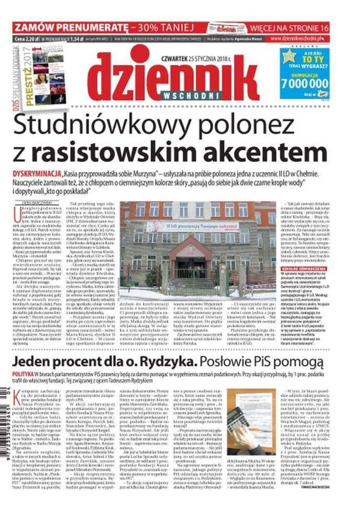 Pierwsza strona Dziennika Wschodniego z 25 stycznia 2018 r.