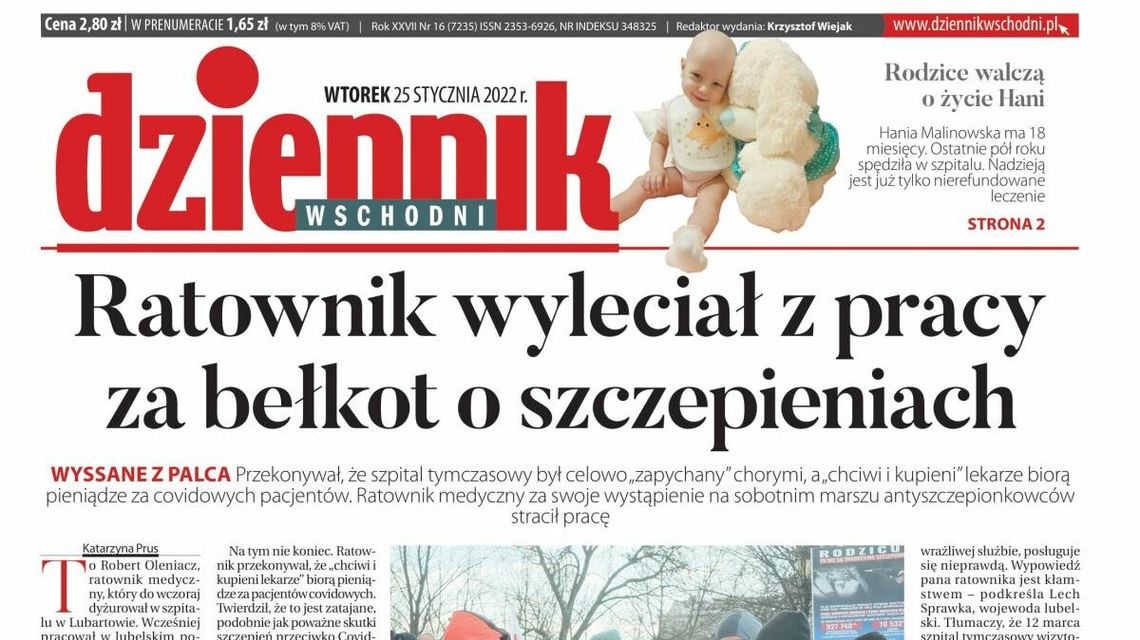  Pierwsza strona Dziennika Wschodniego z 25 stycznia 2022 r. 