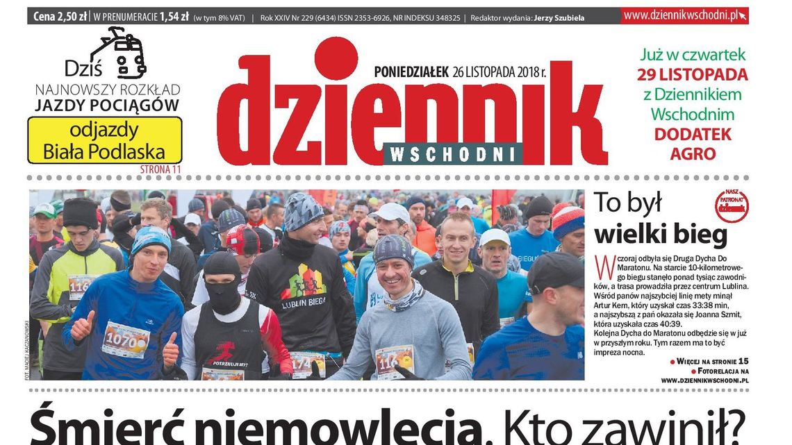 Pierwsza strona Dziennika Wschodniego z 26 listopada 2018 r.