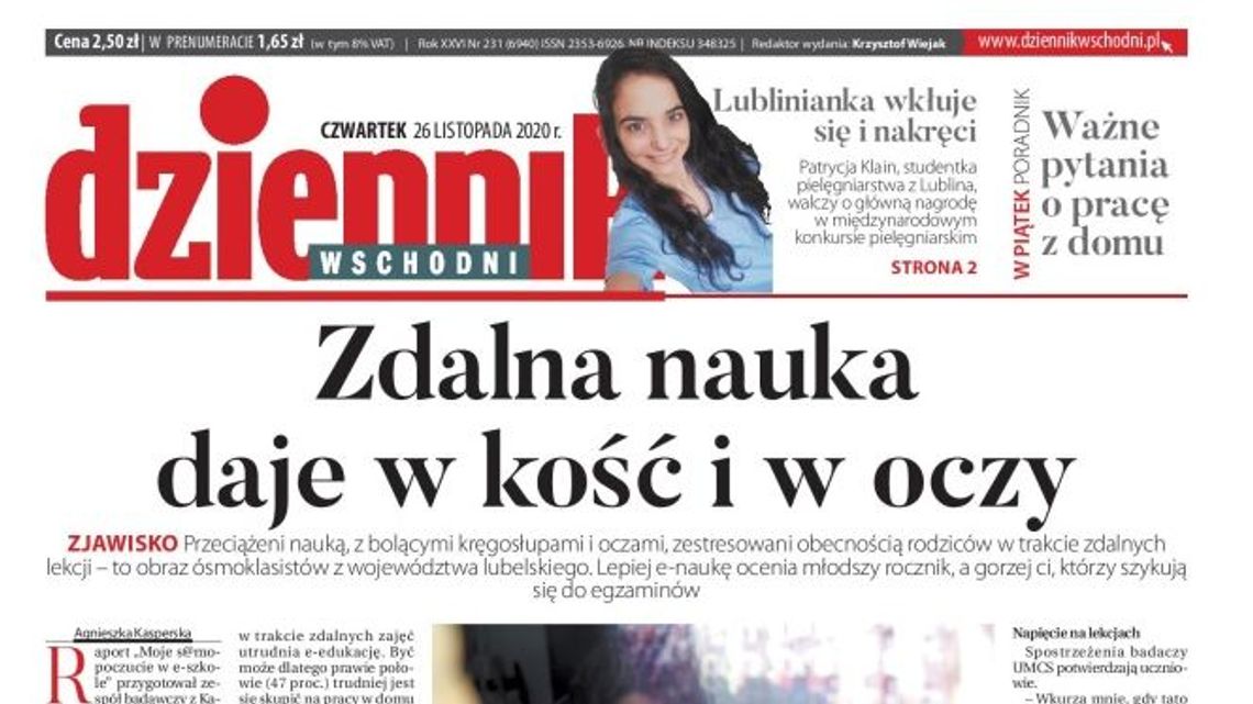 Pierwsza strona Dziennika Wschodniego z 26 listopada 2020 r.