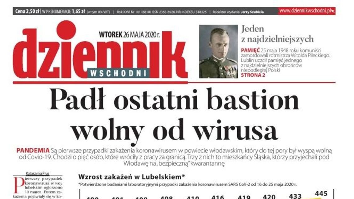 Pierwsza strona Dziennika Wschodniego z 26 maja 2020 r.