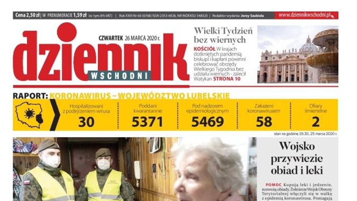 Pierwsza strona Dziennika Wschodniego z 26 marca 2020