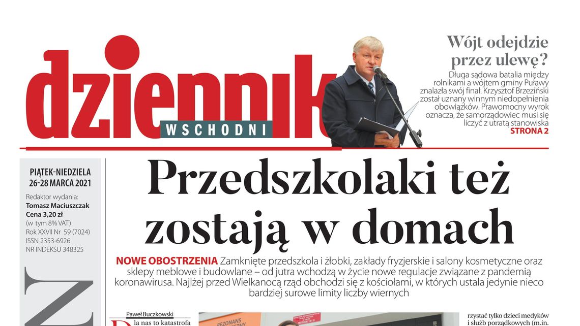 Pierwsza strona Dziennika Wschodniego z 26 marca 2021 roku 