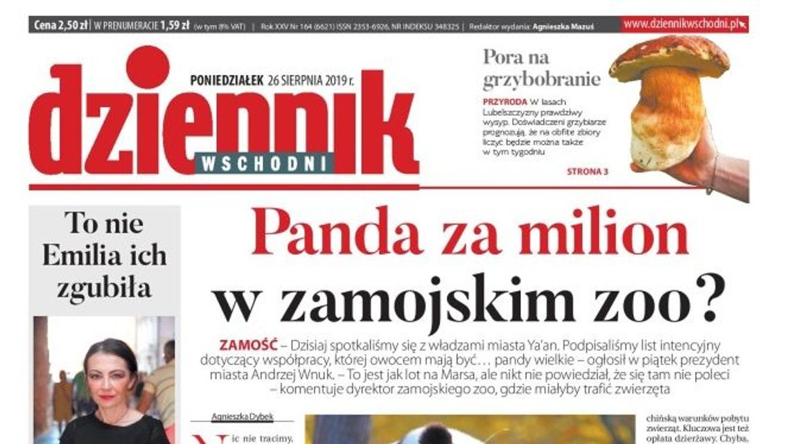Pierwsza strona Dziennika Wschodniego z 26 sierpnia 2019 r.