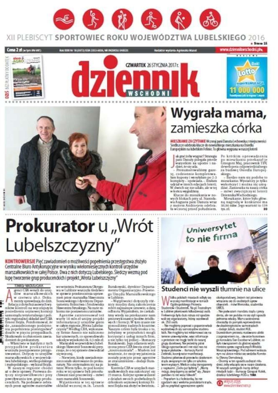 Pierwsza strona Dziennika Wschodniego z 26 stycznia 2017 roku