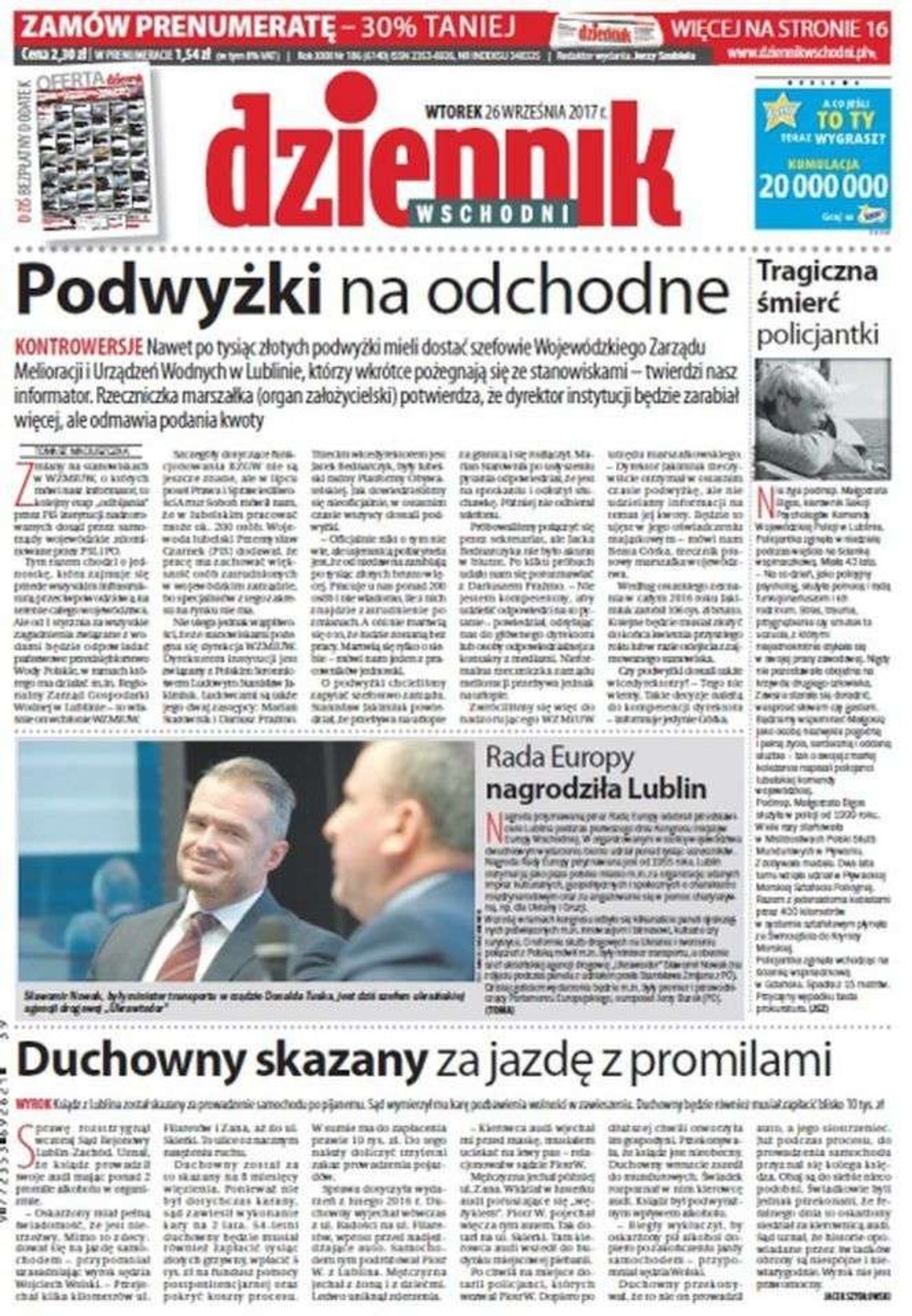 Pierwsza strona Dziennika Wschodniego z 26 września 2017 roku