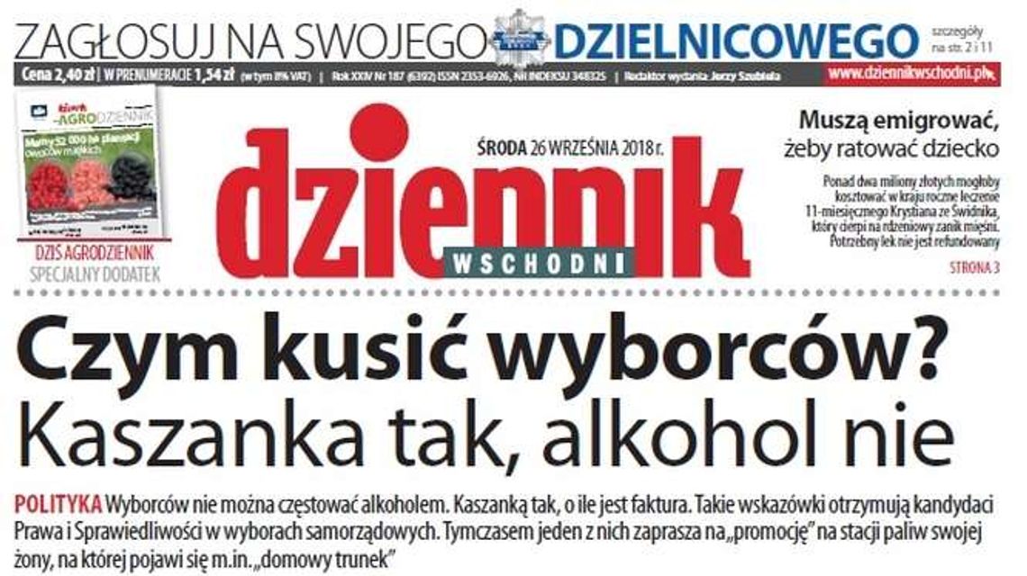 Pierwsza strona Dziennika Wschodniego z 26 września 2018 roku