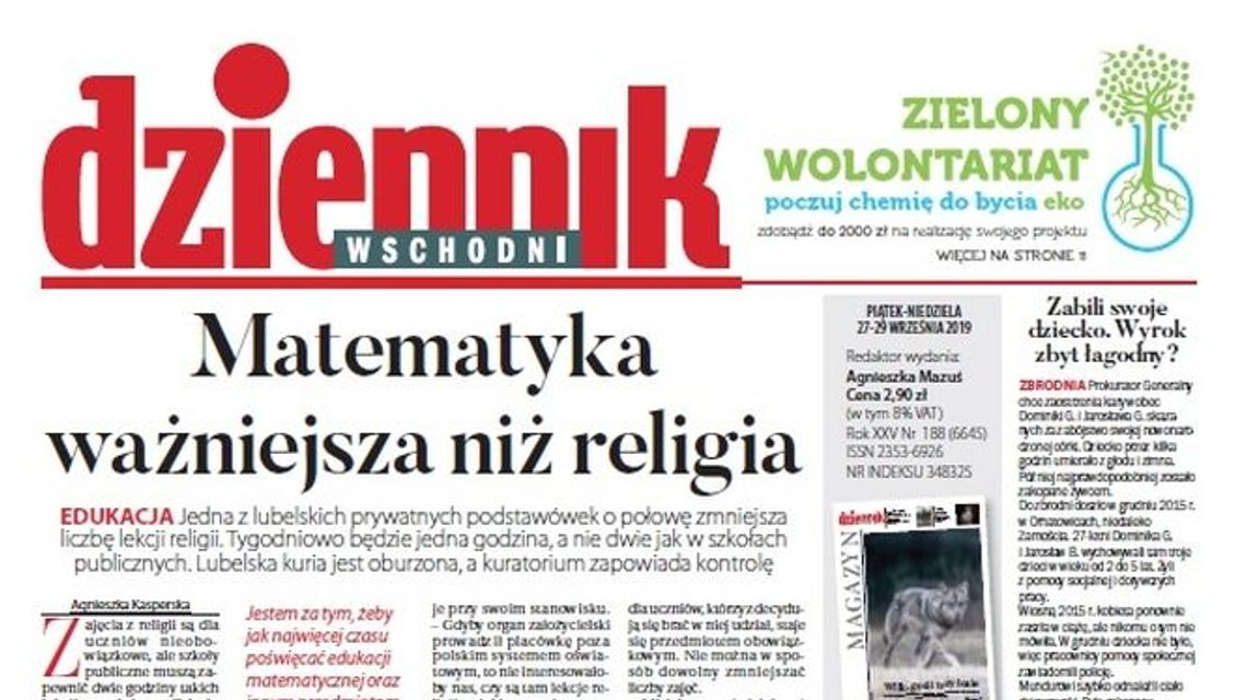 Pierwsza strona Dziennika Wschodniego z 27.09.2019