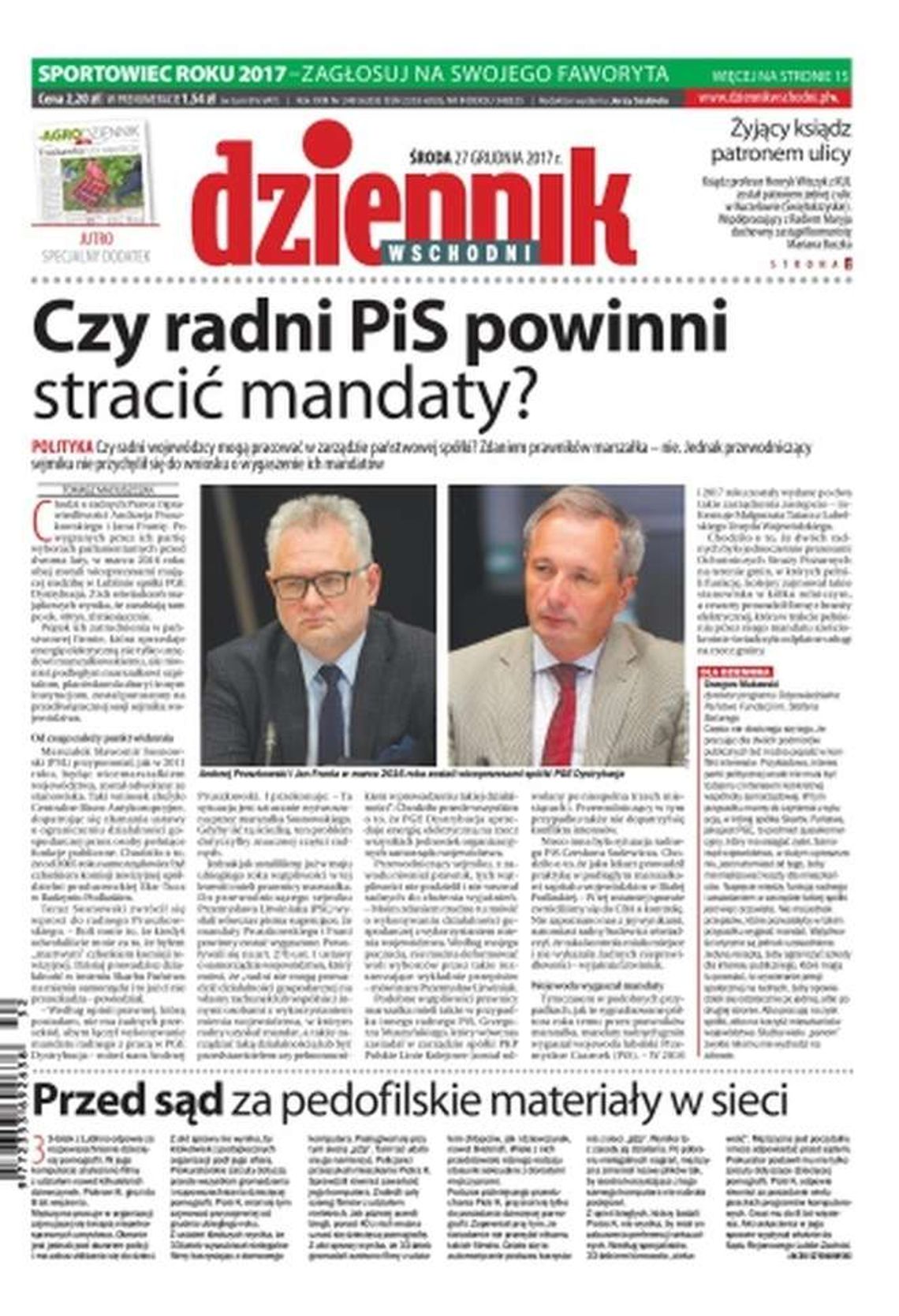 Pierwsza strona Dziennika Wschodniego z 27 grudnia 2017