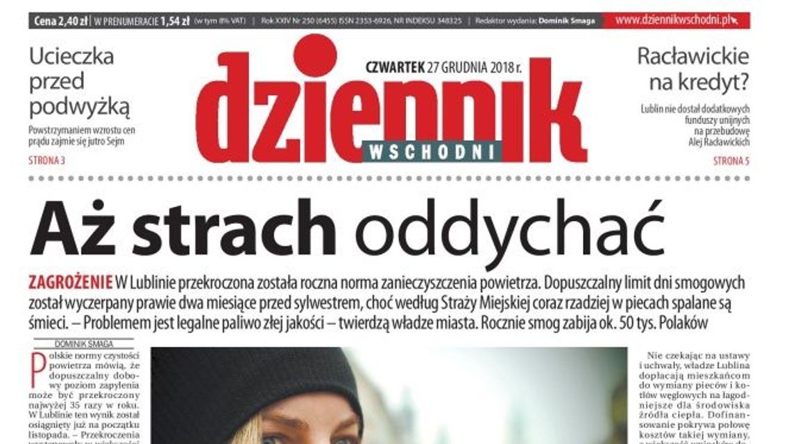 Pierwsza strona Dziennika Wschodniego z 27 grudnia 2018 r.