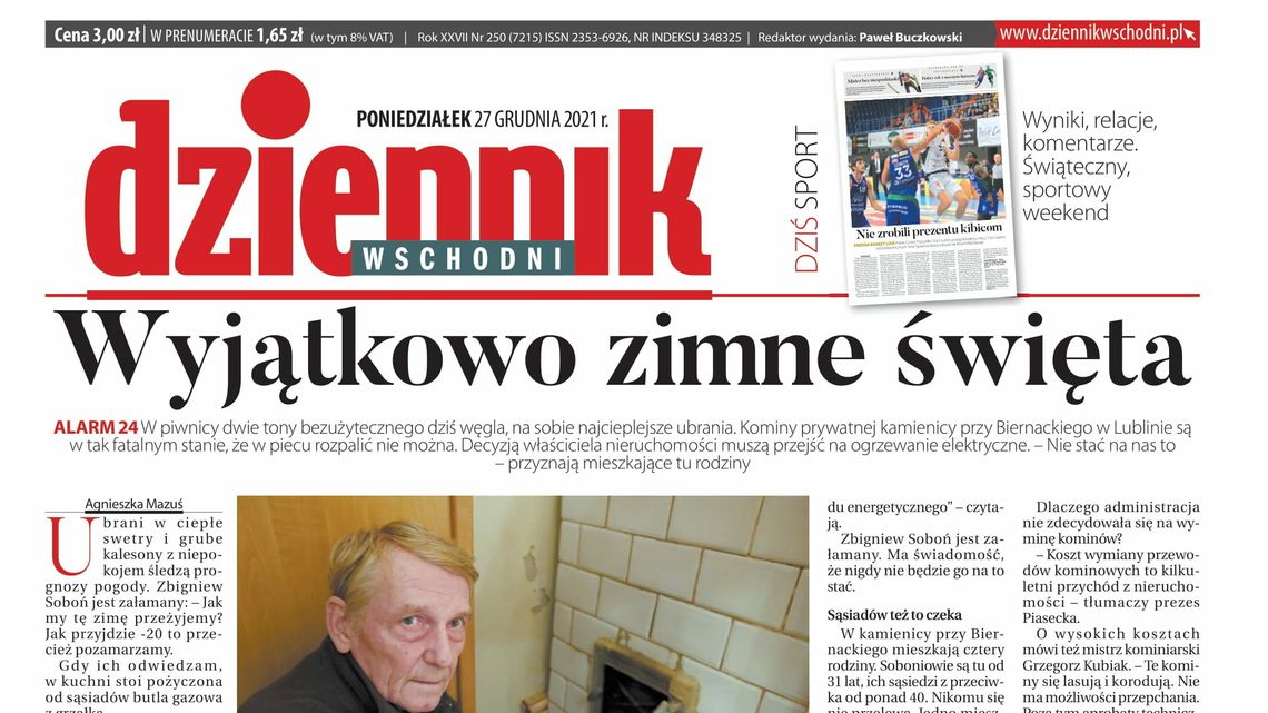 Pierwsza strona Dziennika Wschodniego z 27 grudnia 2021 roku