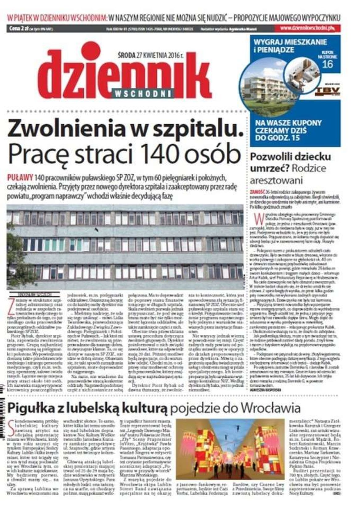 Pierwsza strona Dziennika Wschodniego z 27 kwietnia 2016 roku