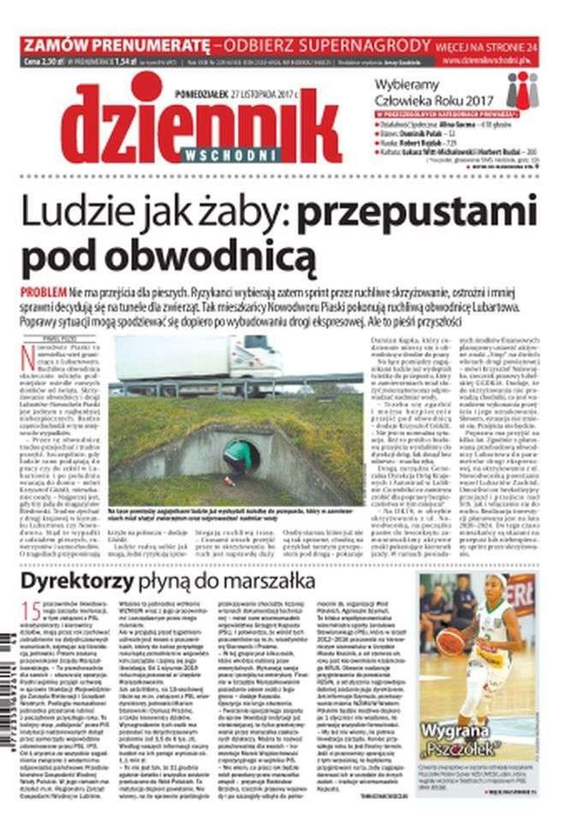 Pierwsza strona Dziennika Wschodniego z 27 listopada 2017