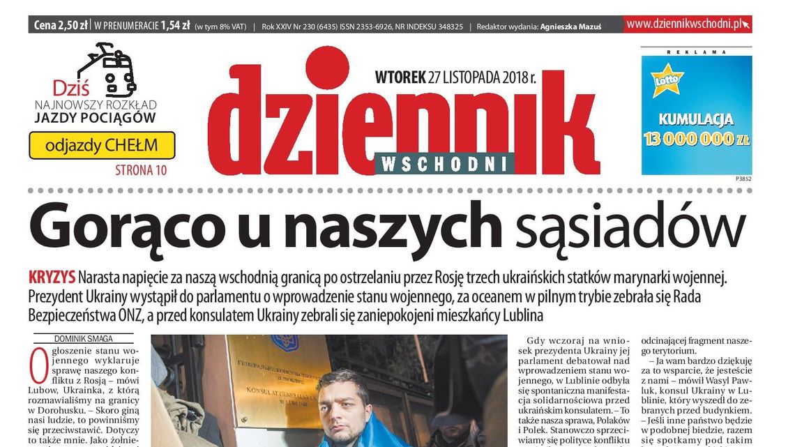 Pierwsza strona Dziennika Wschodniego z 27 listopada 2018 r.