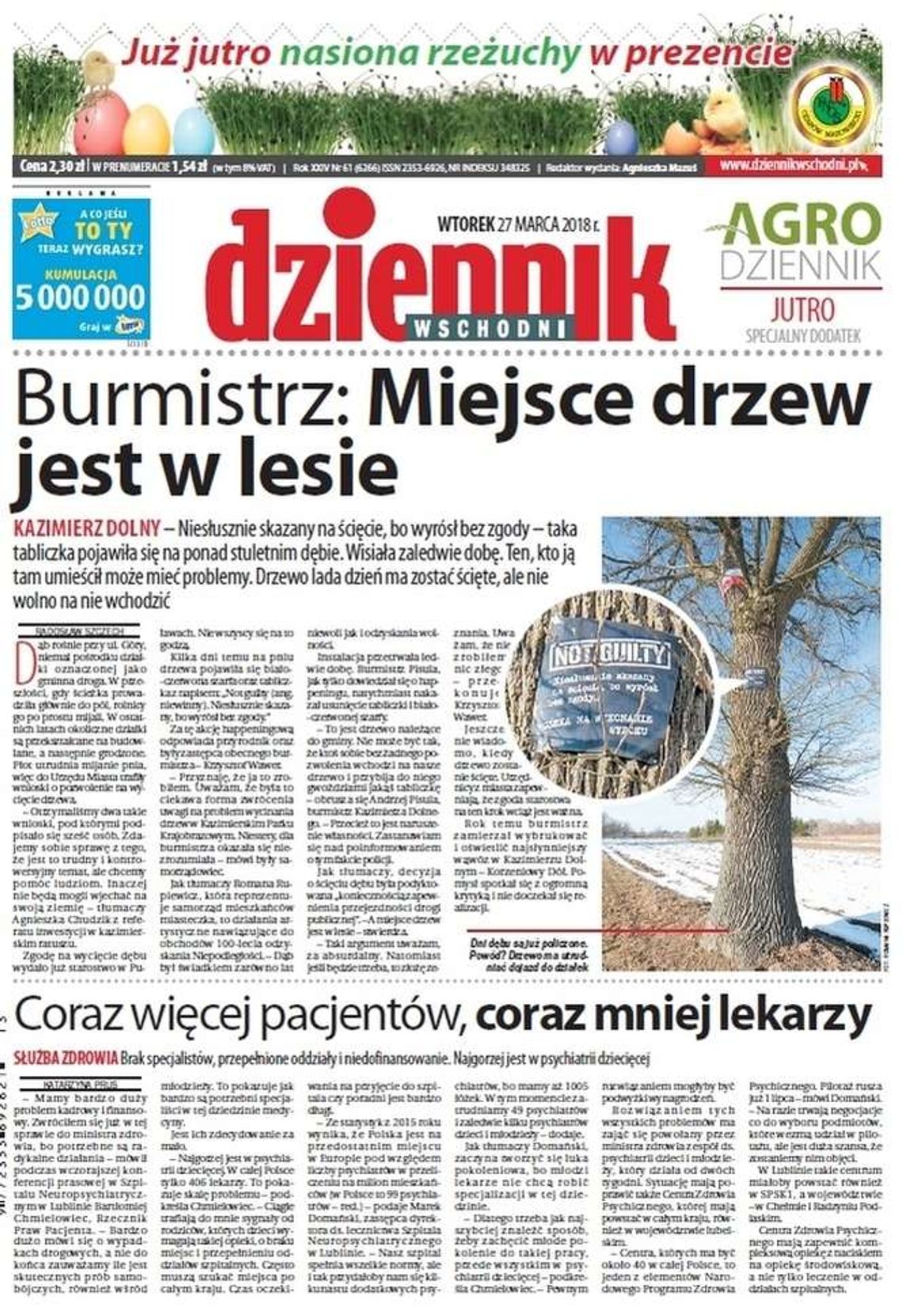 Pierwsza strona Dziennika Wschodniego z 27 marca 2018 roku