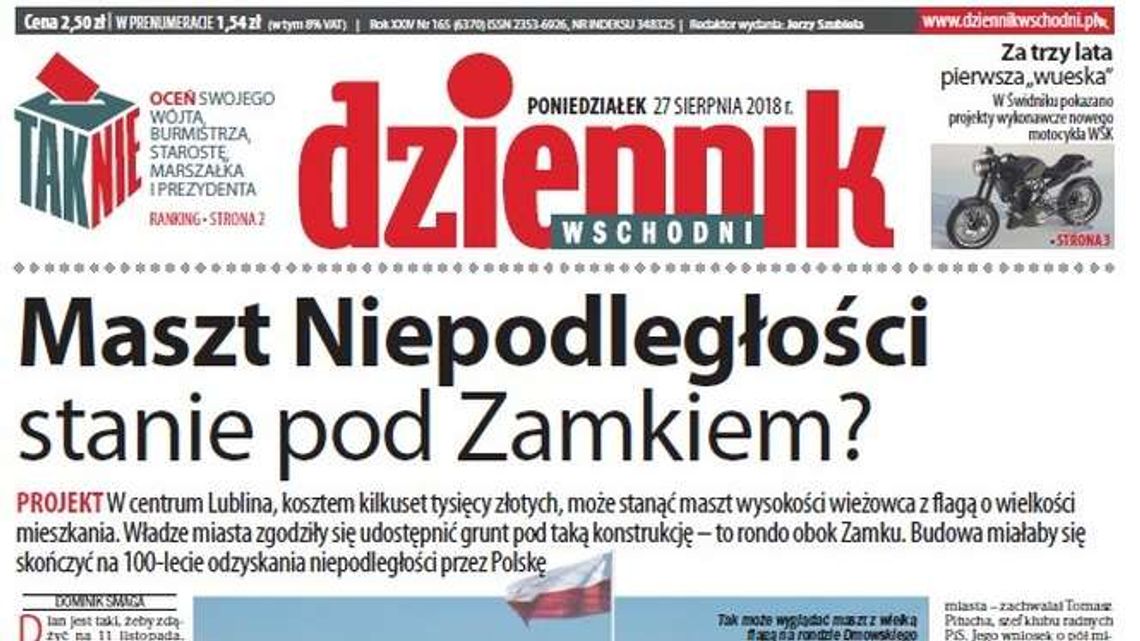 Pierwsza strona Dziennika Wschodniego z 27 sierpnia 2018 roku