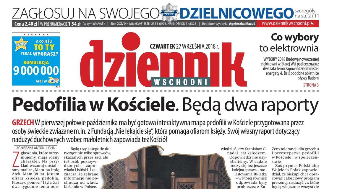 Pierwsza strona Dziennika Wschodniego z 27 września 2018 r.