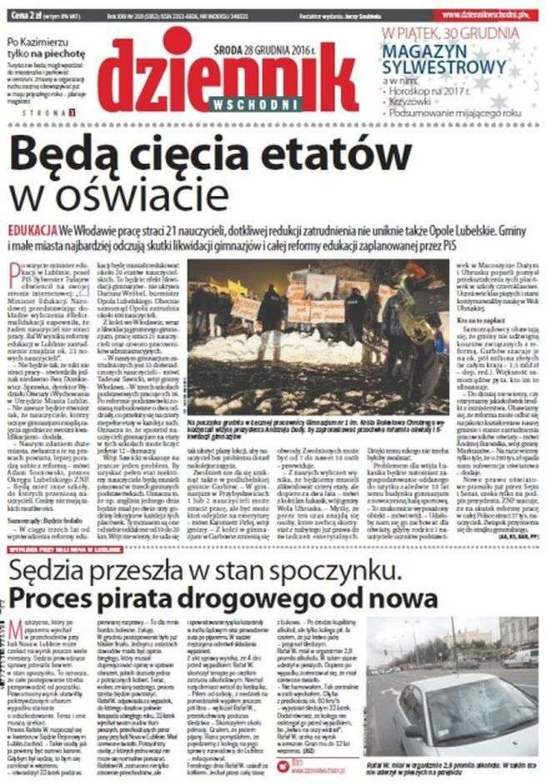 Pierwsza strona Dziennika Wschodniego z 28 grudnia 2016 roku