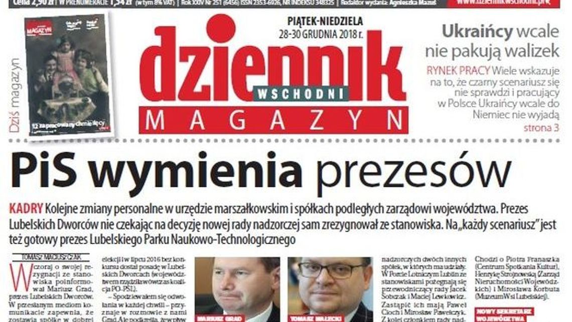 Pierwsza strona Dziennika Wschodniego z 28 grudnia 2018 roku