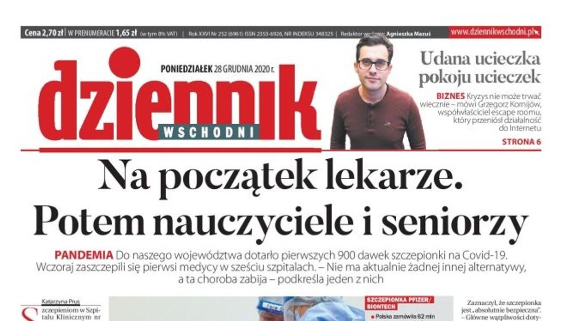 Pierwsza strona Dziennika Wschodniego z 28 grudnia 2020 r.