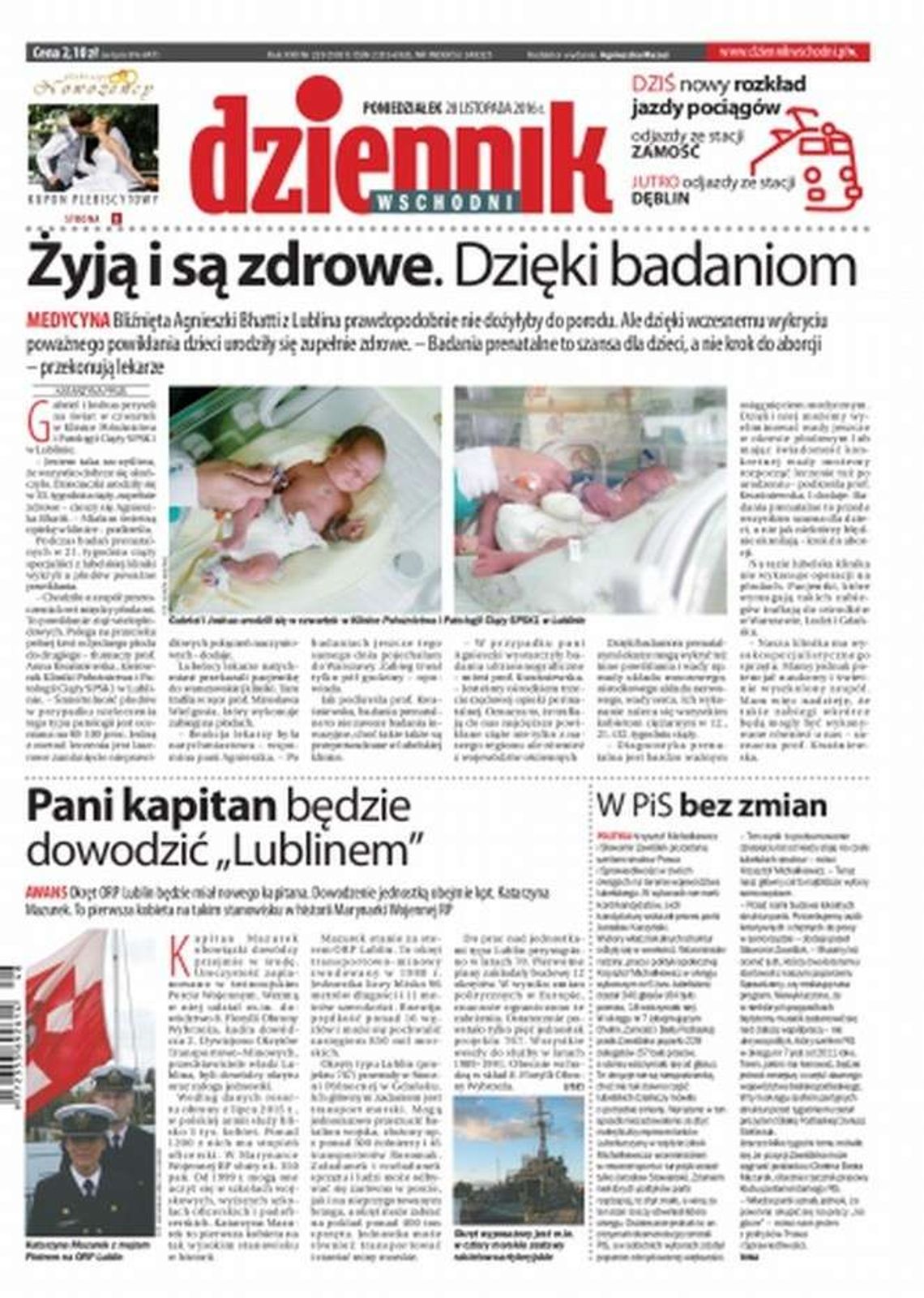 Pierwsza strona Dziennika Wschodniego z 28 listopada 2016