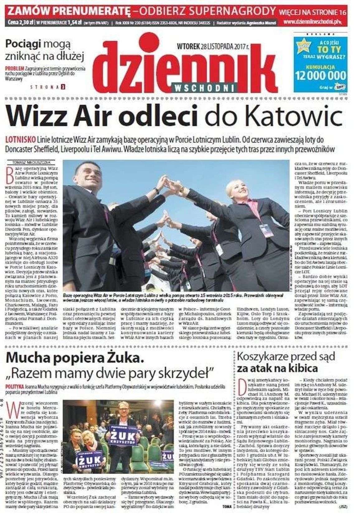 Pierwsza strona Dziennika Wschodniego z 28 listopada 2017 roku