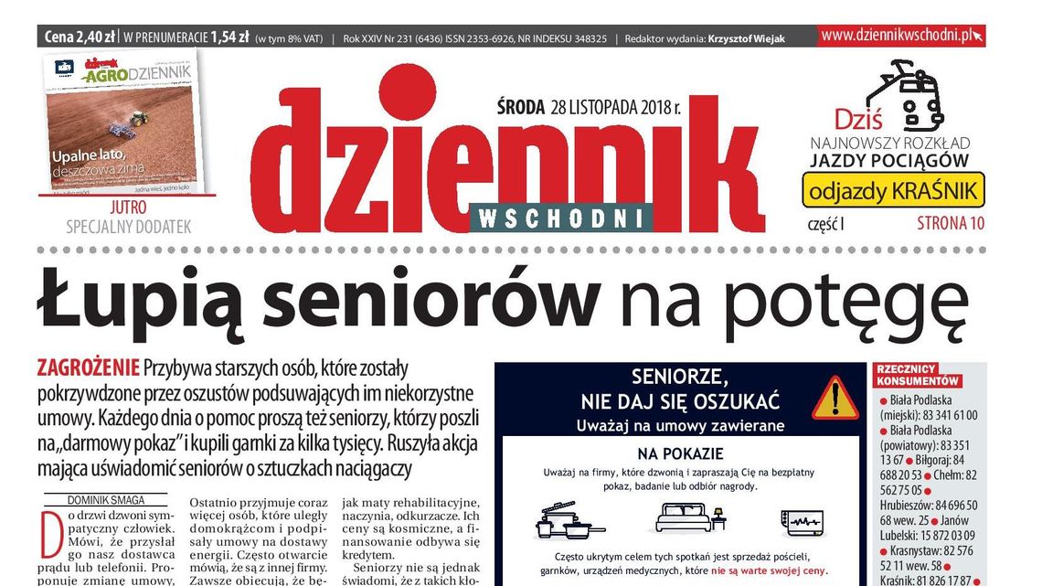 Pierwsza strona Dziennika Wschodniego z 28 listopada 2018 r.
