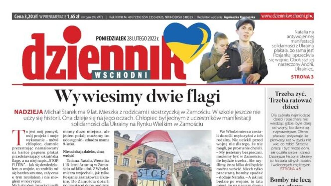 Pierwsza strona Dziennika Wschodniego z 28 lutego 2022 r.