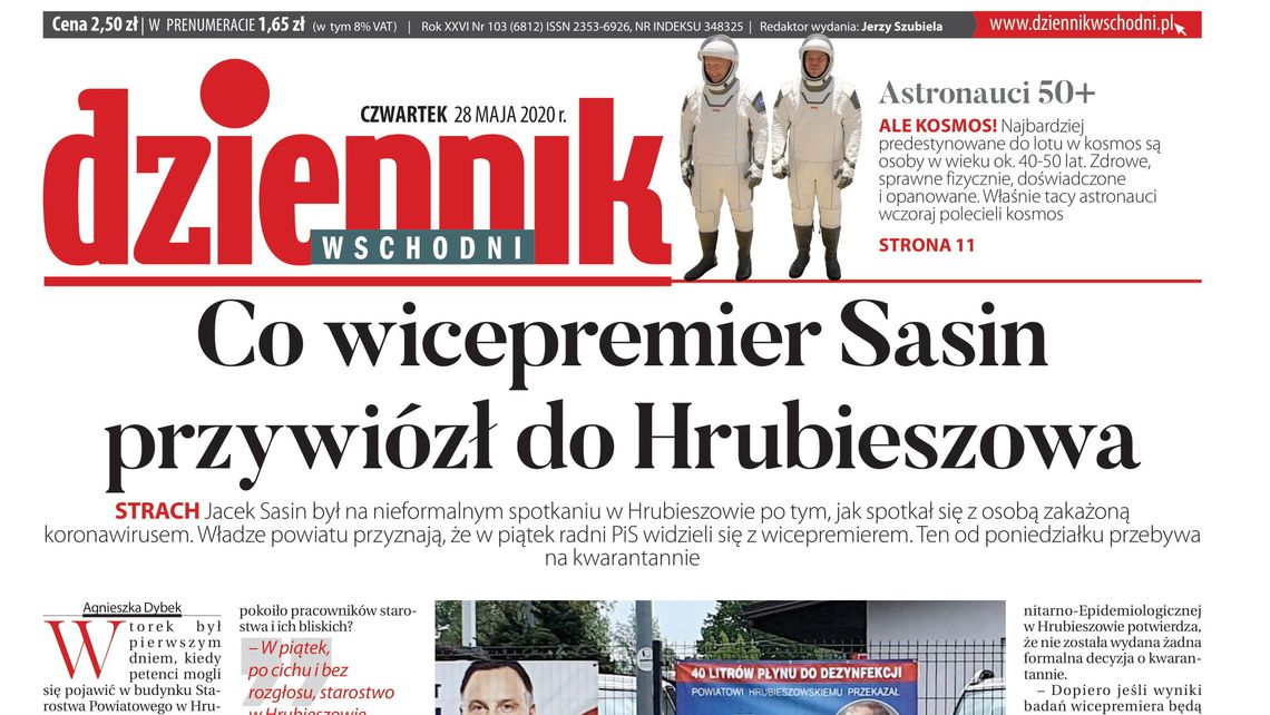 Pierwsza strona Dziennika Wschodniego z 28 maja 2020 r.