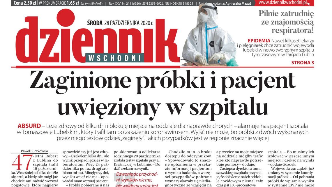 Pierwsza strona Dziennika Wschodniego z 28 października 2020 r. 