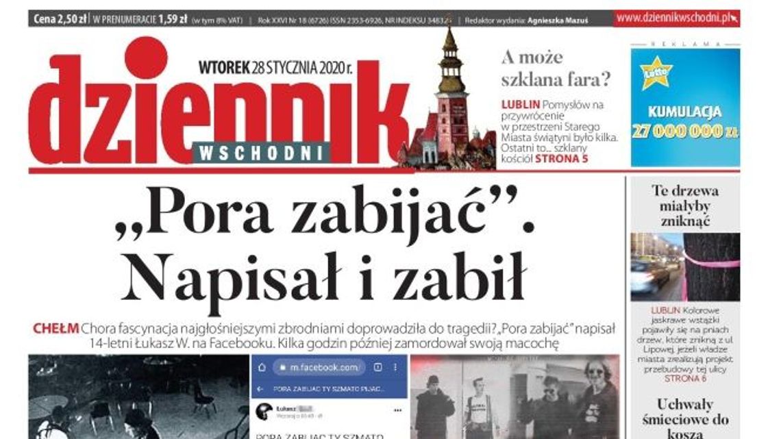 Pierwsza strona Dziennika Wschodniego z 28 stycznia 2020 r.