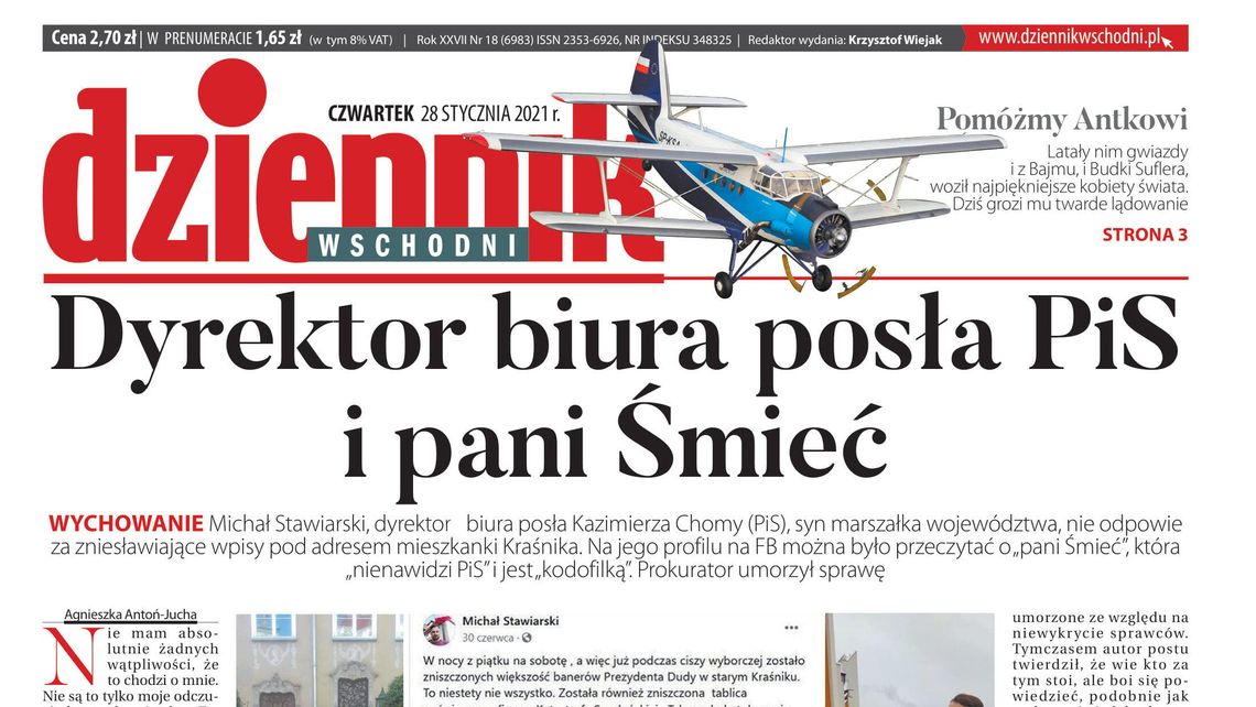 Pierwsza strona Dziennika Wschodniego z 28 stycznia 2021 r.