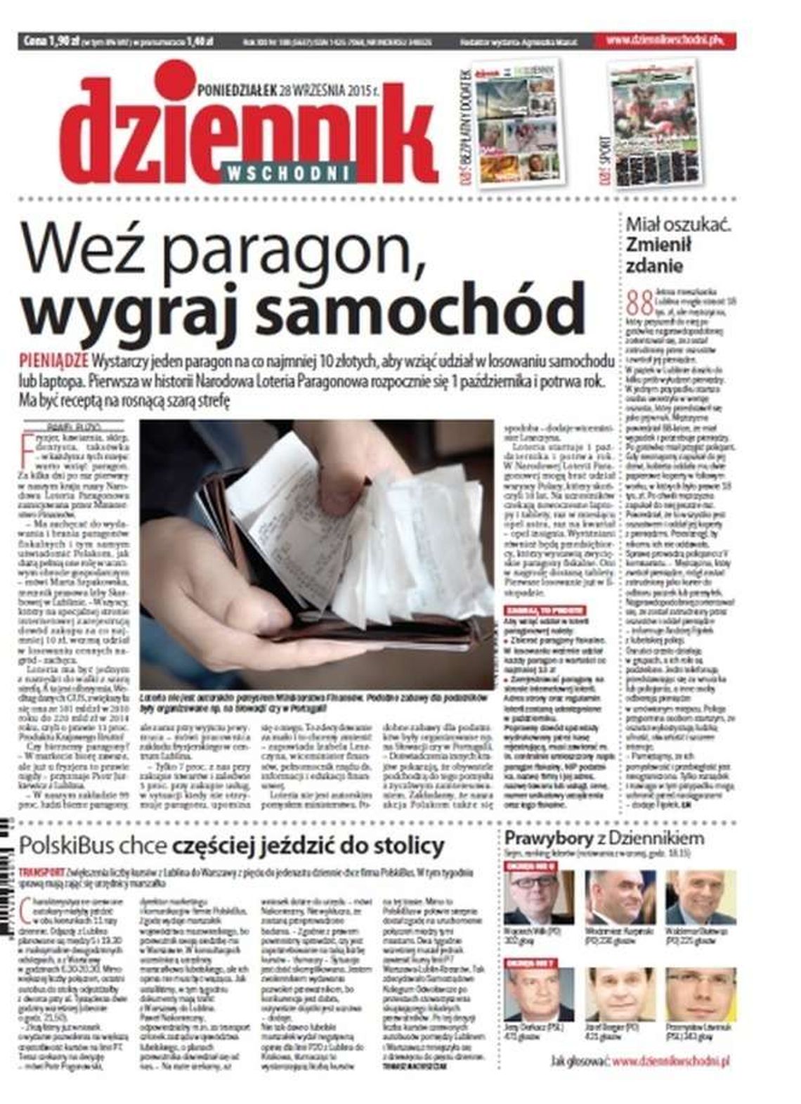 Pierwsza strona Dziennika Wschodniego z 28 września 2015 roku