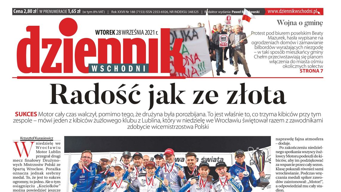 Pierwsza strona Dziennika Wschodniego z 28 września 2021 roku