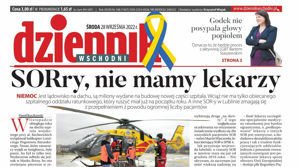  Pierwsza strona Dziennika Wschodniego z 28 września 2022 r. 