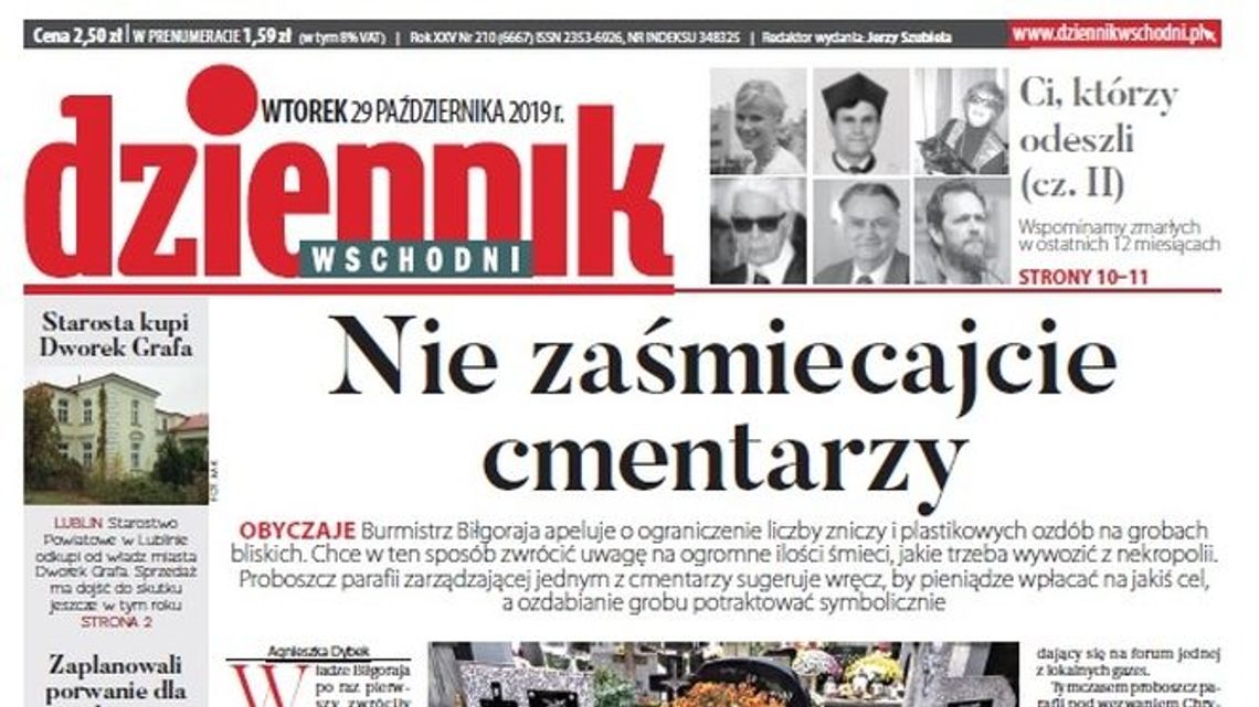 Pierwsza strona Dziennika Wschodniego z 29.10.2019
