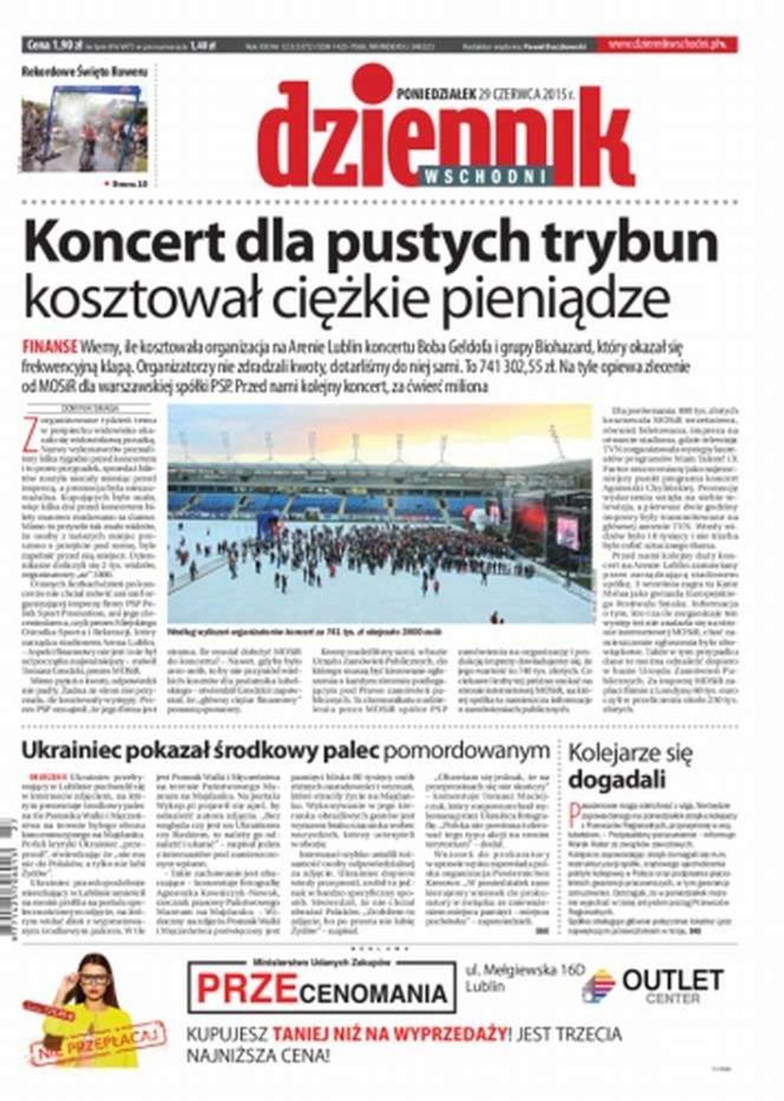 Pierwsza strona Dziennika Wschodniego z 29 czerwca 2015