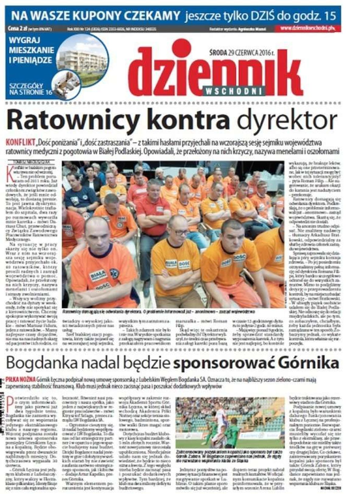 Pierwsza strona Dziennika Wschodniego z 29 czerwca 2016 roku