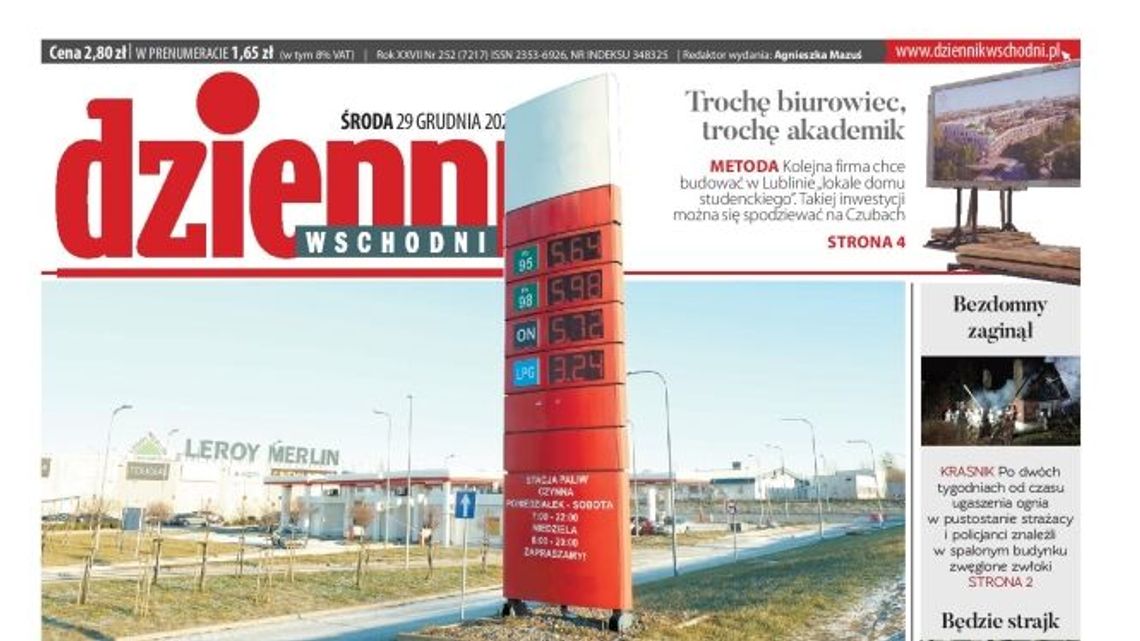 Pierwsza strona Dziennika Wschodniego z 29 grudnia 2021 r.