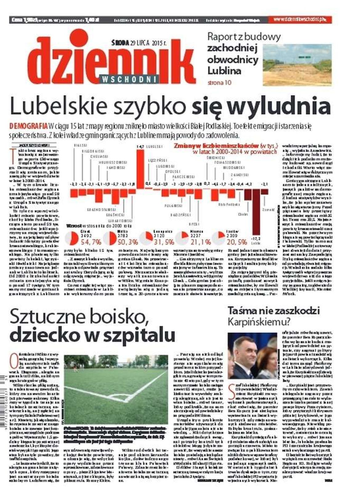 Pierwsza strona Dziennika Wschodniego z 29 lipca 2015