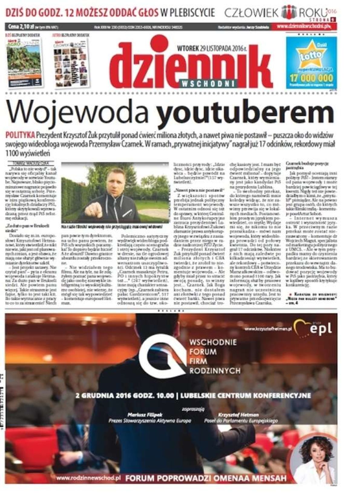 Pierwsza strona Dziennika Wschodniego z 29 listopada 2016 roku